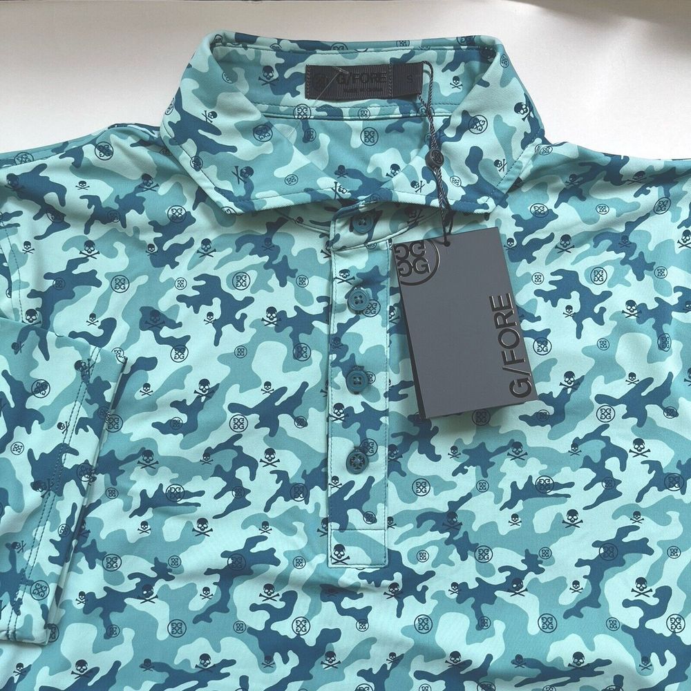 New G Fore Green Blue Camo with Skulls Performance Golf Polo‎ Shirt Mens S